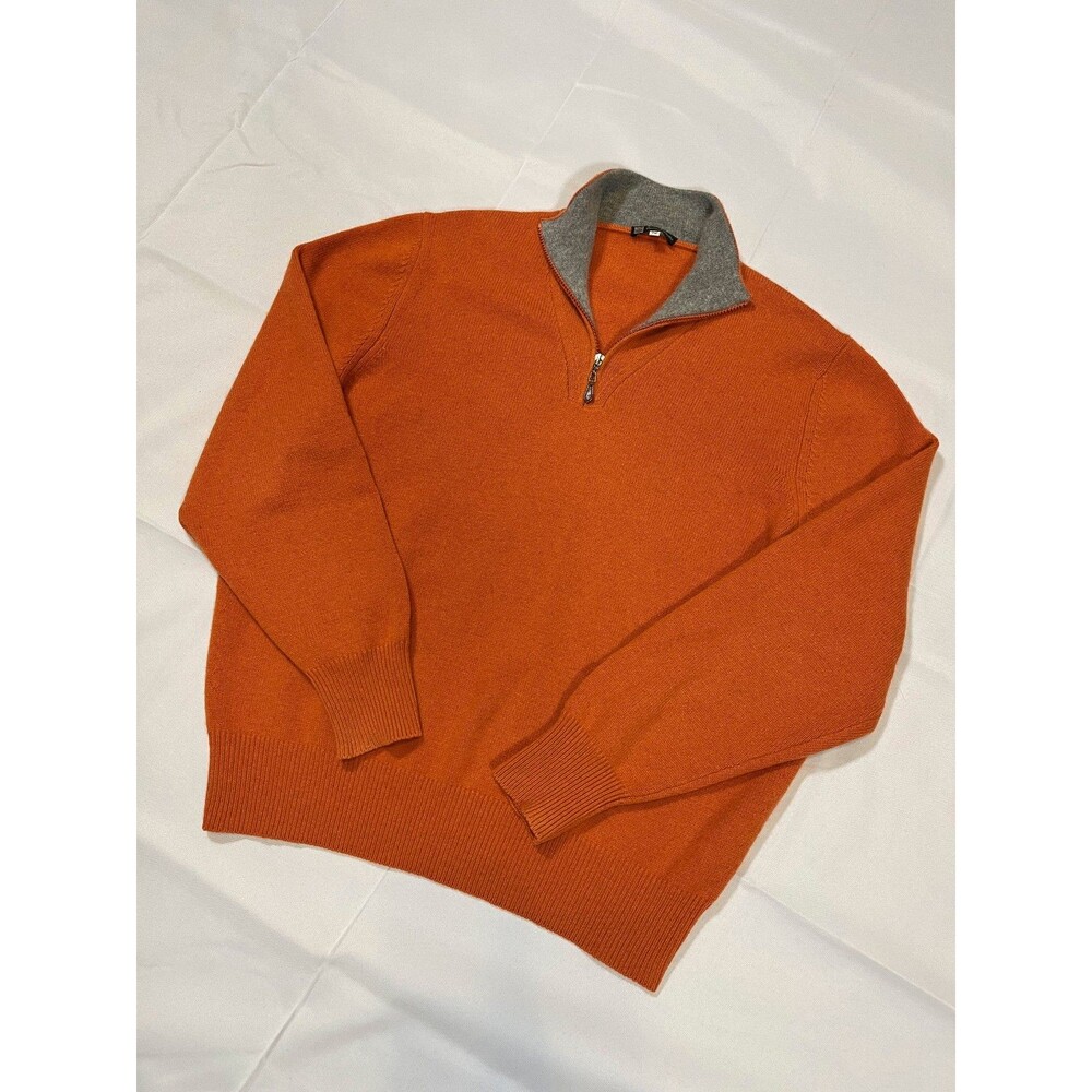 Rani Arabella Mens 100% Cashmere Quarter Zip Sweater Rust Orange Italy Size 52 L